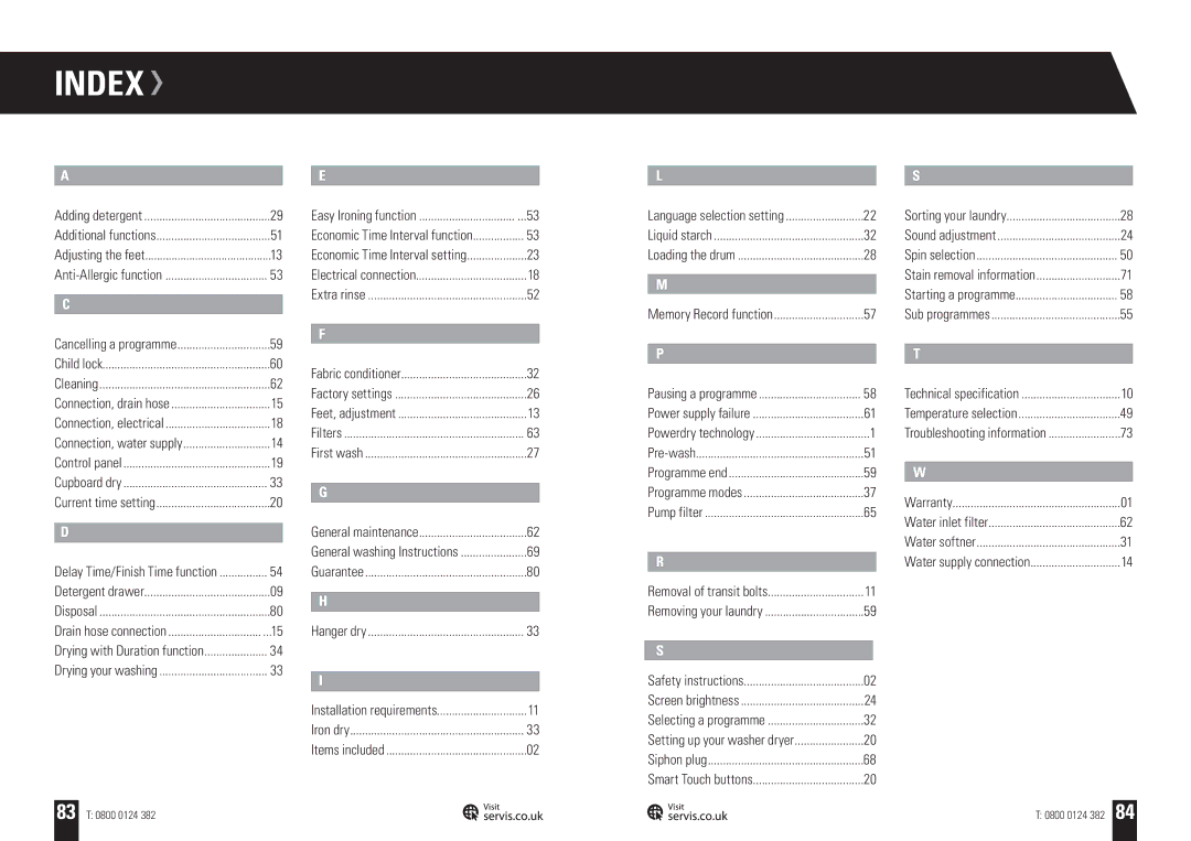 Servis WASHER DRYER, WD1496FGW, WD1496FGB, WD1496FGR, WD1496FGS user manual Index, Drying with Duration function 