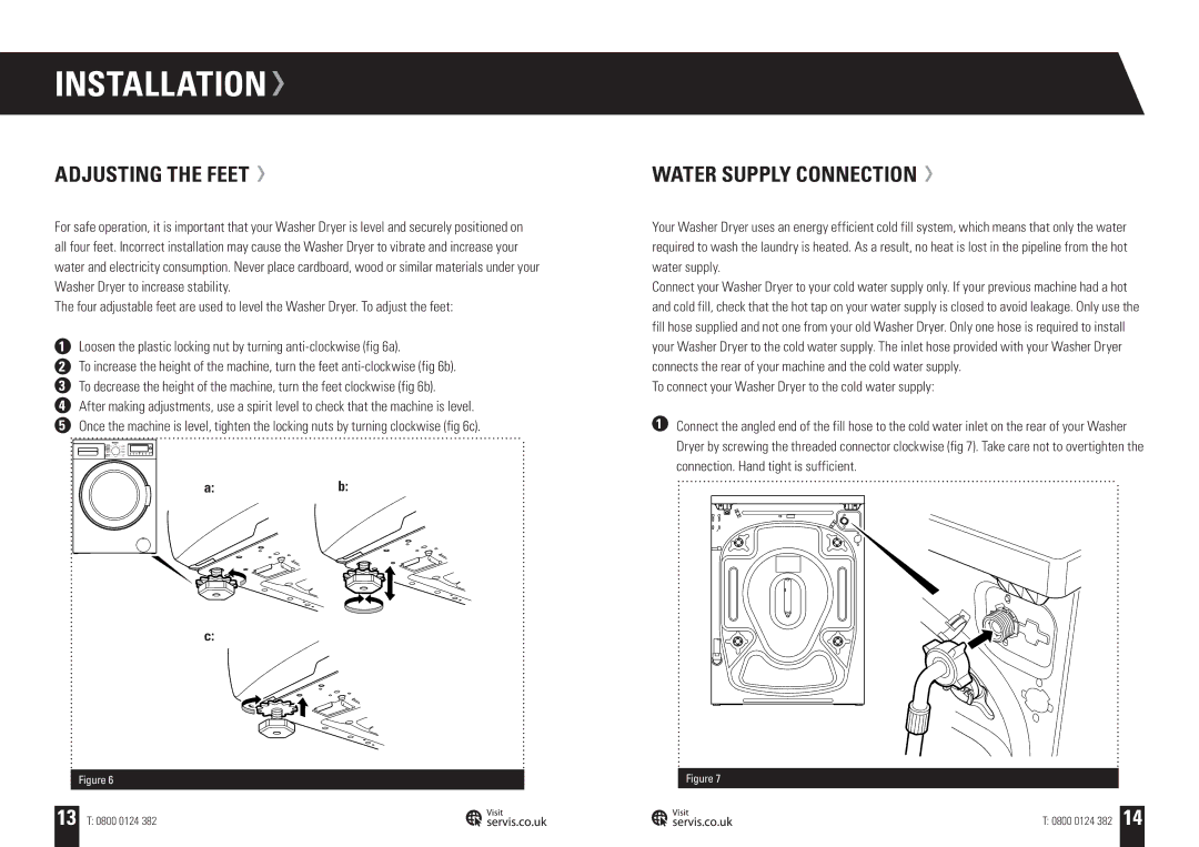 Servis WASHER DRYER, WD1496FGW, WD1496FGB, WD1496FGR, WD1496FGS user manual Adjusting the Feet, Water Supply Connection 