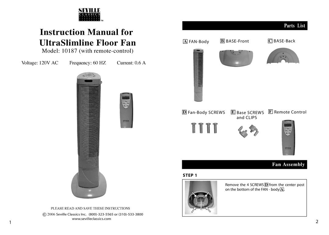 Seville Classics instruction manual Model 10187 with remote-control, FAN-Body BASE-Front 