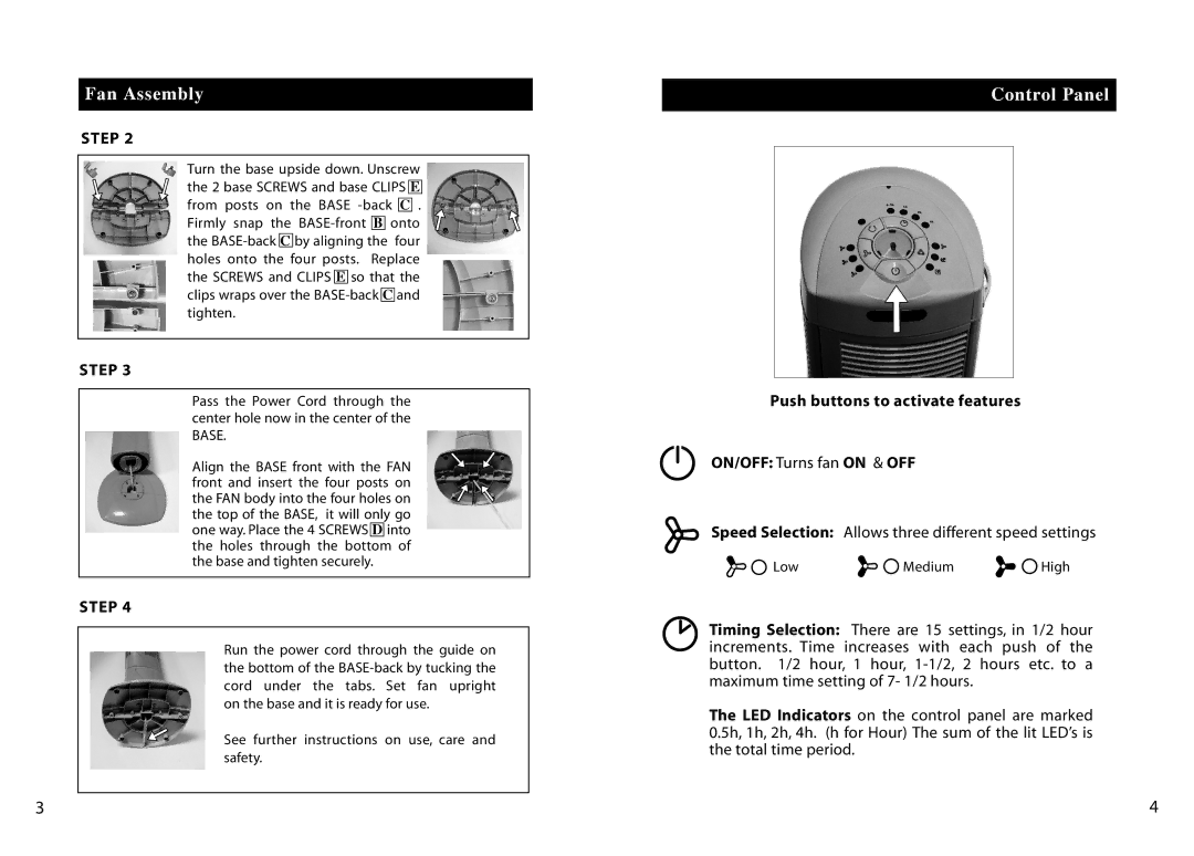 Seville Classics 10187 instruction manual Control Panel, Push buttons to activate features ON/OFF Turns fan on & OFF 