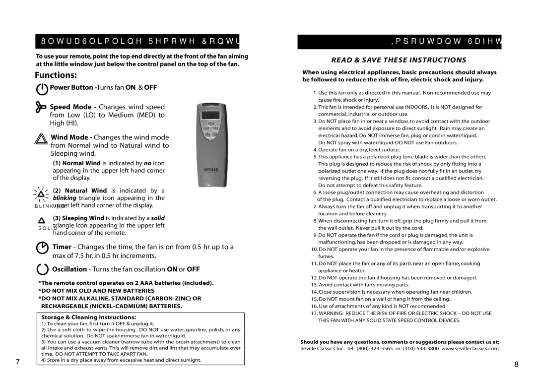 Seville Classics 10187 instruction manual UltraSlimline Remote Control for Floor Fan, Power Button -Turns fan on & OFF 