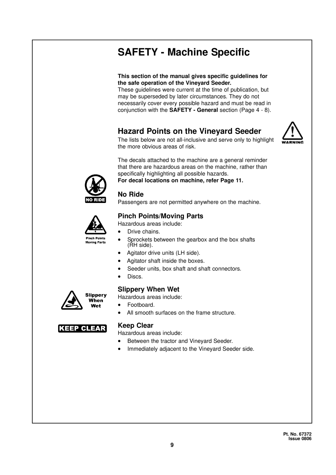 Seymour Duncan 67372 owner manual Safety Machine Specific, Hazard Points on the Vineyard Seeder 