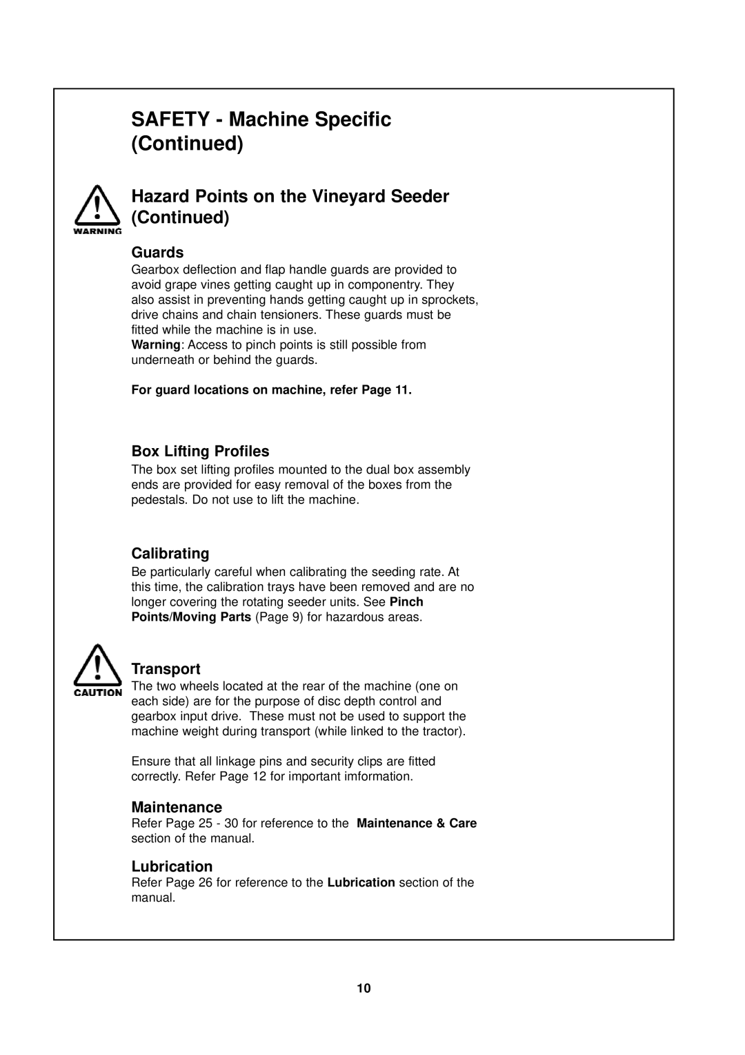 Seymour Duncan 67372 owner manual Guards, Box Lifting Profiles, Calibrating, Transport, Maintenance, Lubrication 