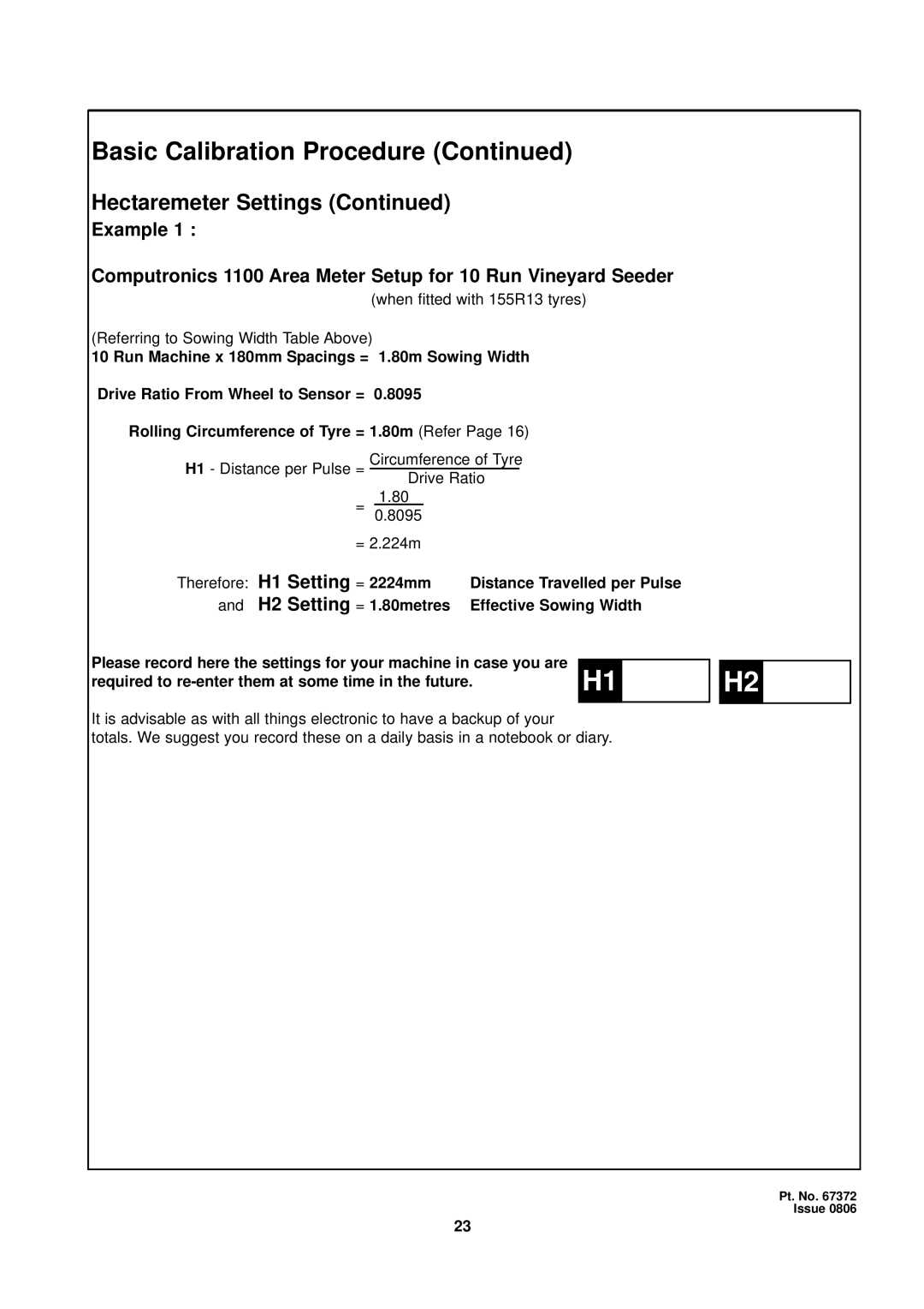 Seymour Duncan 67372 owner manual Hectaremeter Settings, Setting = 2224mm 