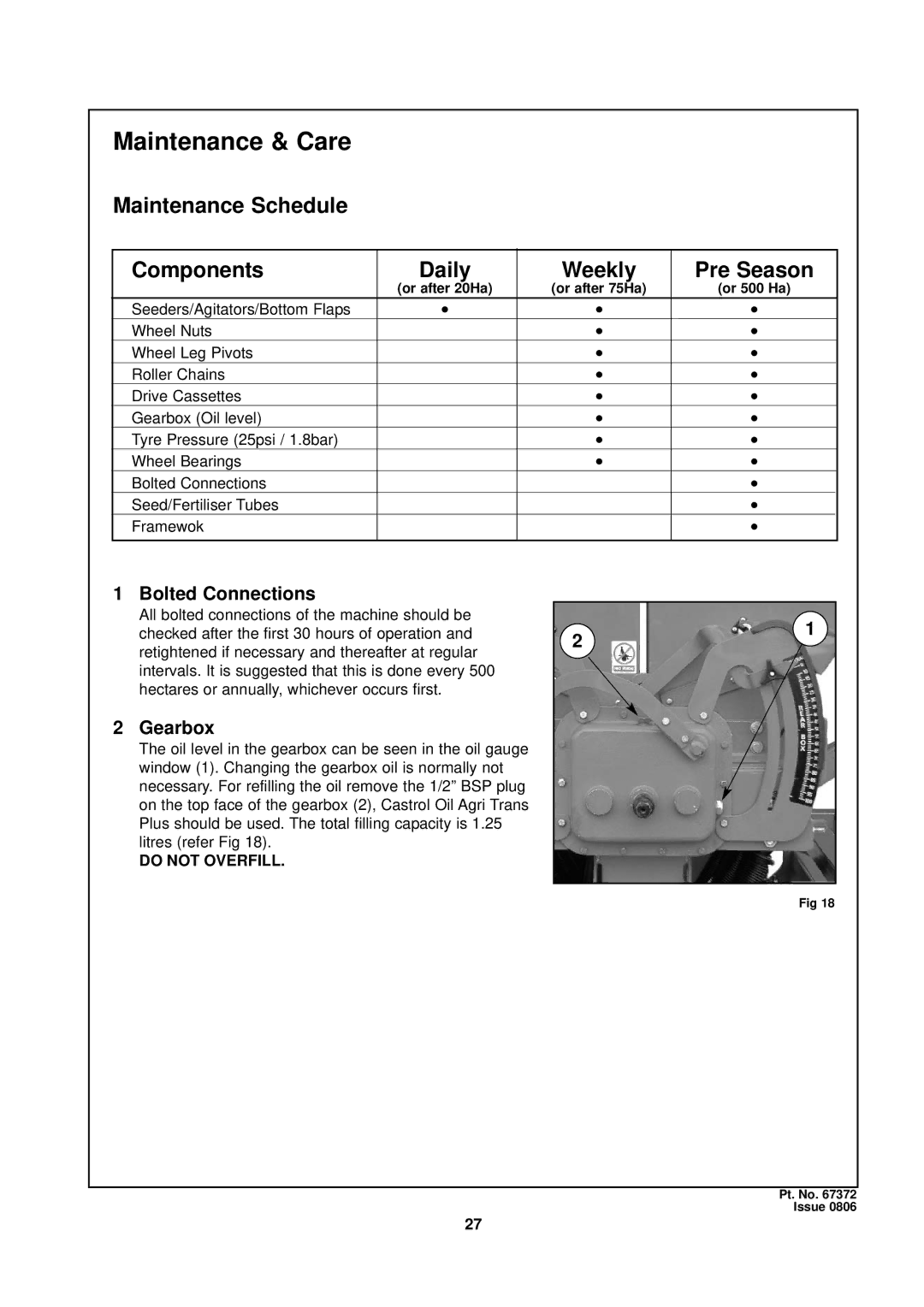 Seymour Duncan 67372 owner manual Maintenance Schedule Components Daily Weekly Pre Season, Bolted Connections, Gearbox 