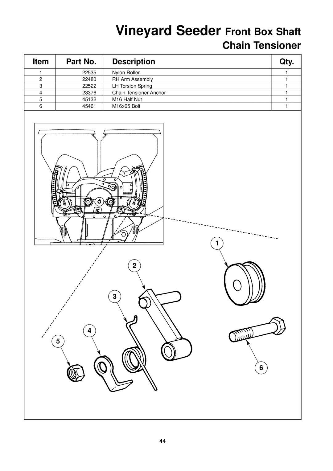 Seymour Duncan 67372 owner manual Vineyard Seeder Front Box Shaft, Chain Tensioner 