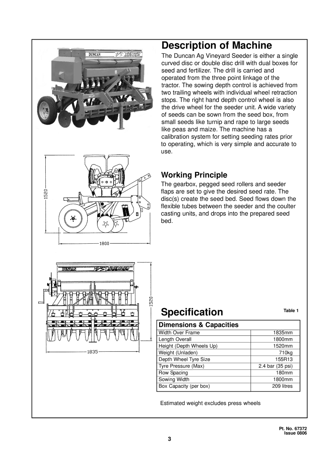 Seymour Duncan 67372 owner manual Description of Machine, Specification, Working Principle, Dimensions & Capacities 