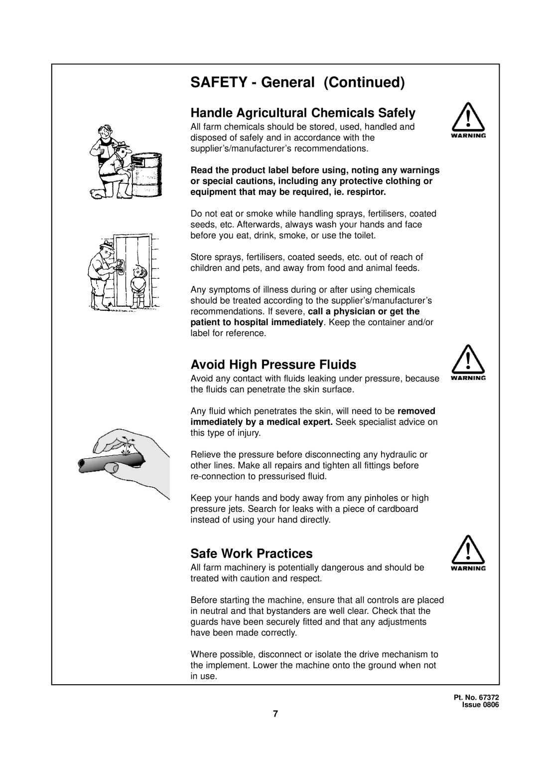 Seymour Duncan 67372 owner manual Handle Agricultural Chemicals Safely, Avoid High Pressure Fluids, Safe Work Practices 