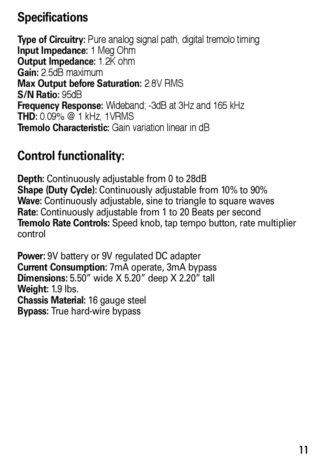 Seymour Duncan SFX-07 manual Specifications, Control functionality, Input Impedance 1 Meg Ohm Output Impedance 1.2K ohm 