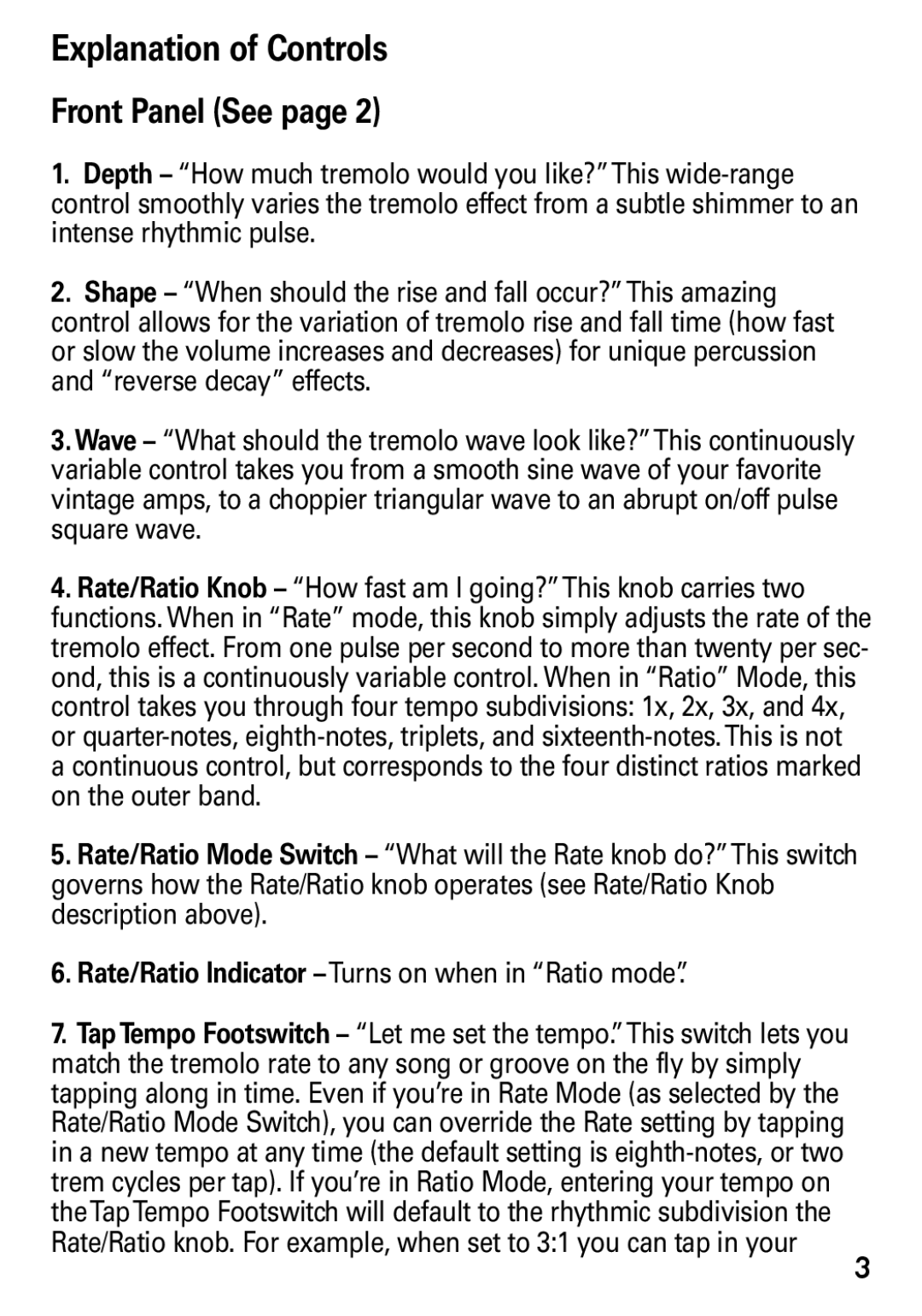 Seymour Duncan SFX-07 manual Explanation of Controls Front Panel See, Rate/Ratio Indicator -Turns on when in Ratio mode 