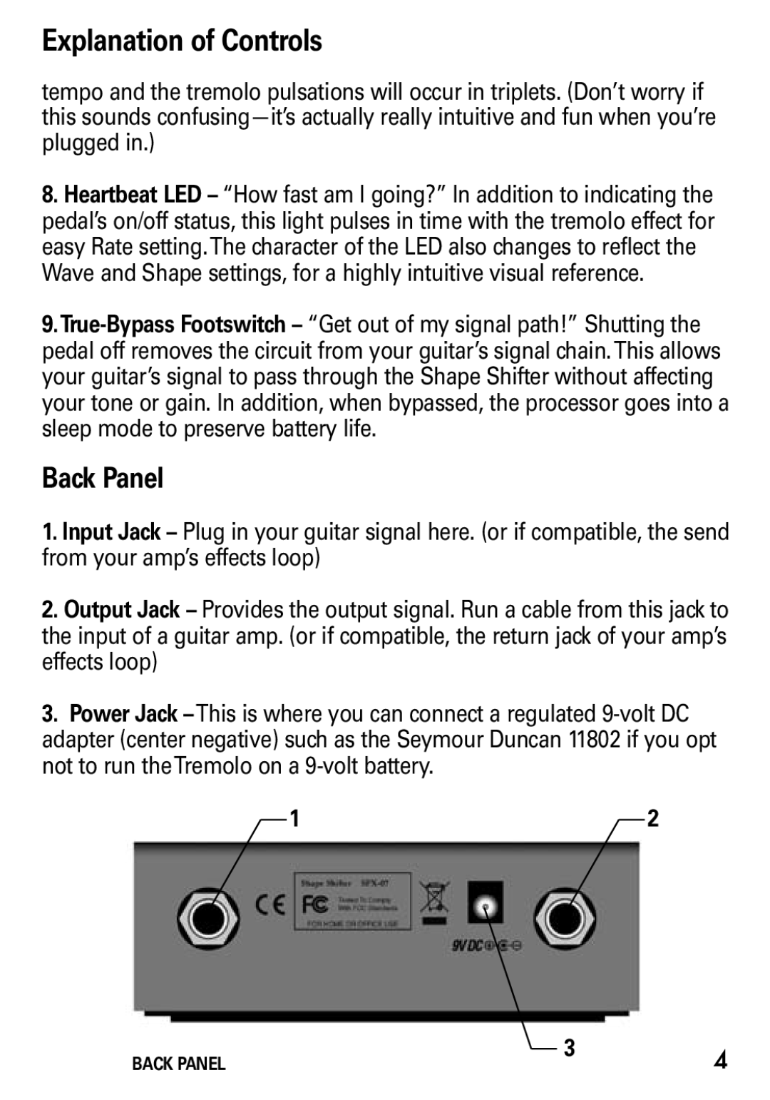 Seymour Duncan SFX-07 manual Explanation of Controls, Back Panel 