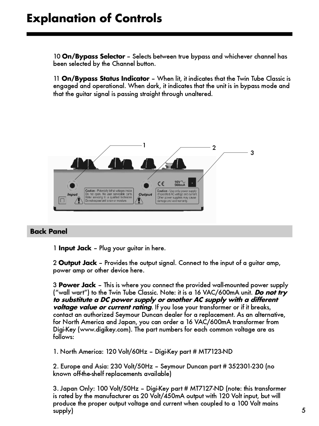 Seymour Duncan SFX-03, Twin Tube Classic manual Back Panel 