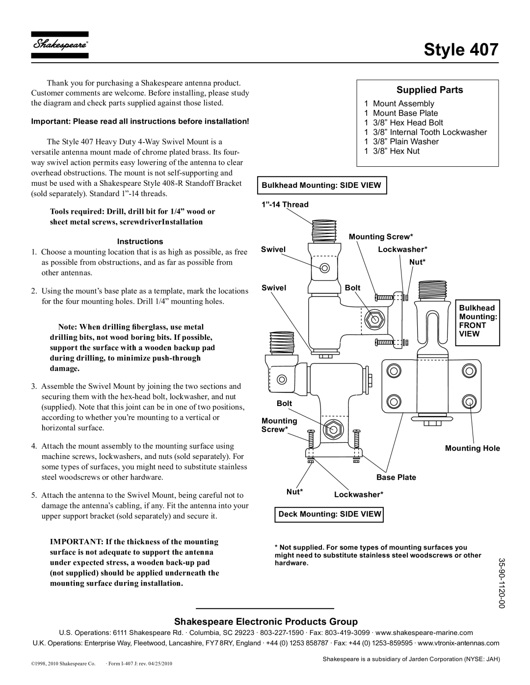 Shakespeare Electronic 407 installation instructions Style, Supplied Parts, Shakespeare Electronic Products Group 