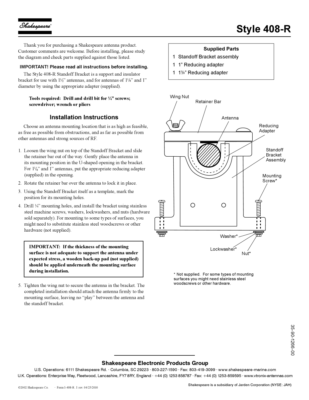 Shakespeare Electronic installation instructions Style 408-R, Installation Instructions, Supplied Parts 