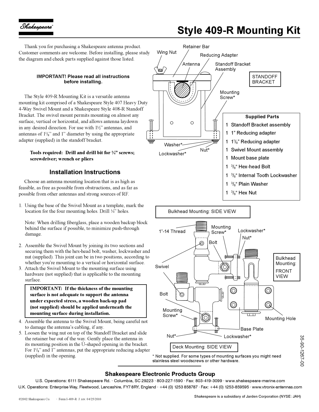 Shakespeare Electronic installation instructions Style 409-R Mounting Kit, Installation Instructions, Supplied Parts 