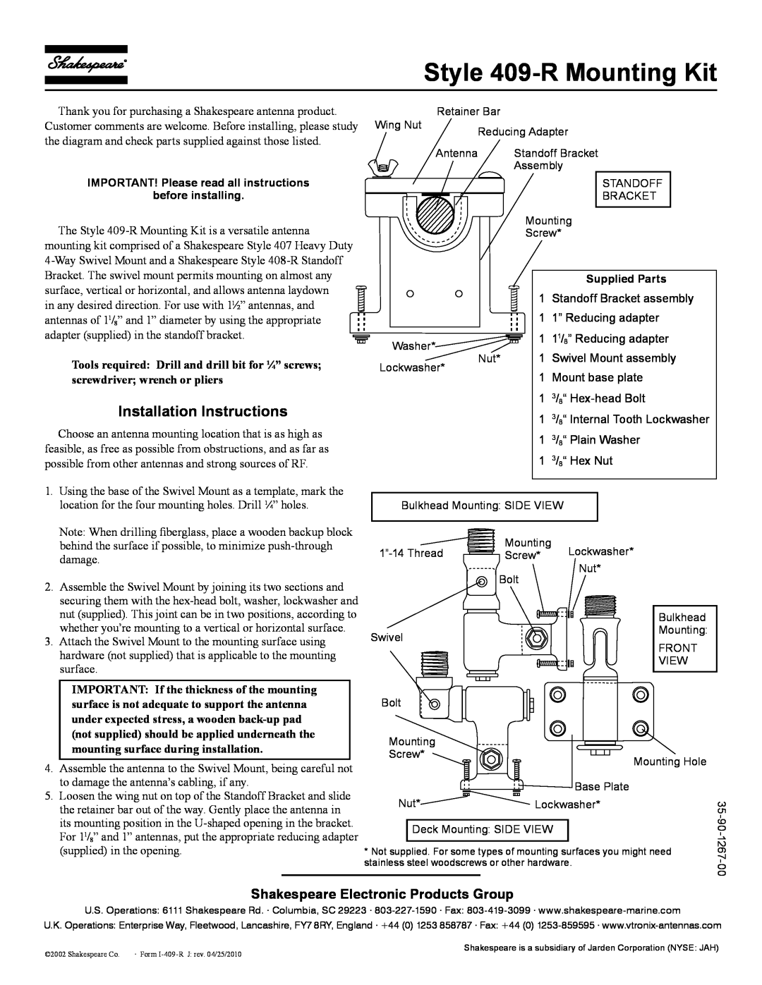 Shakespeare Electronic installation instructions Style 409-R Mounting Kit, Installation Instructions 