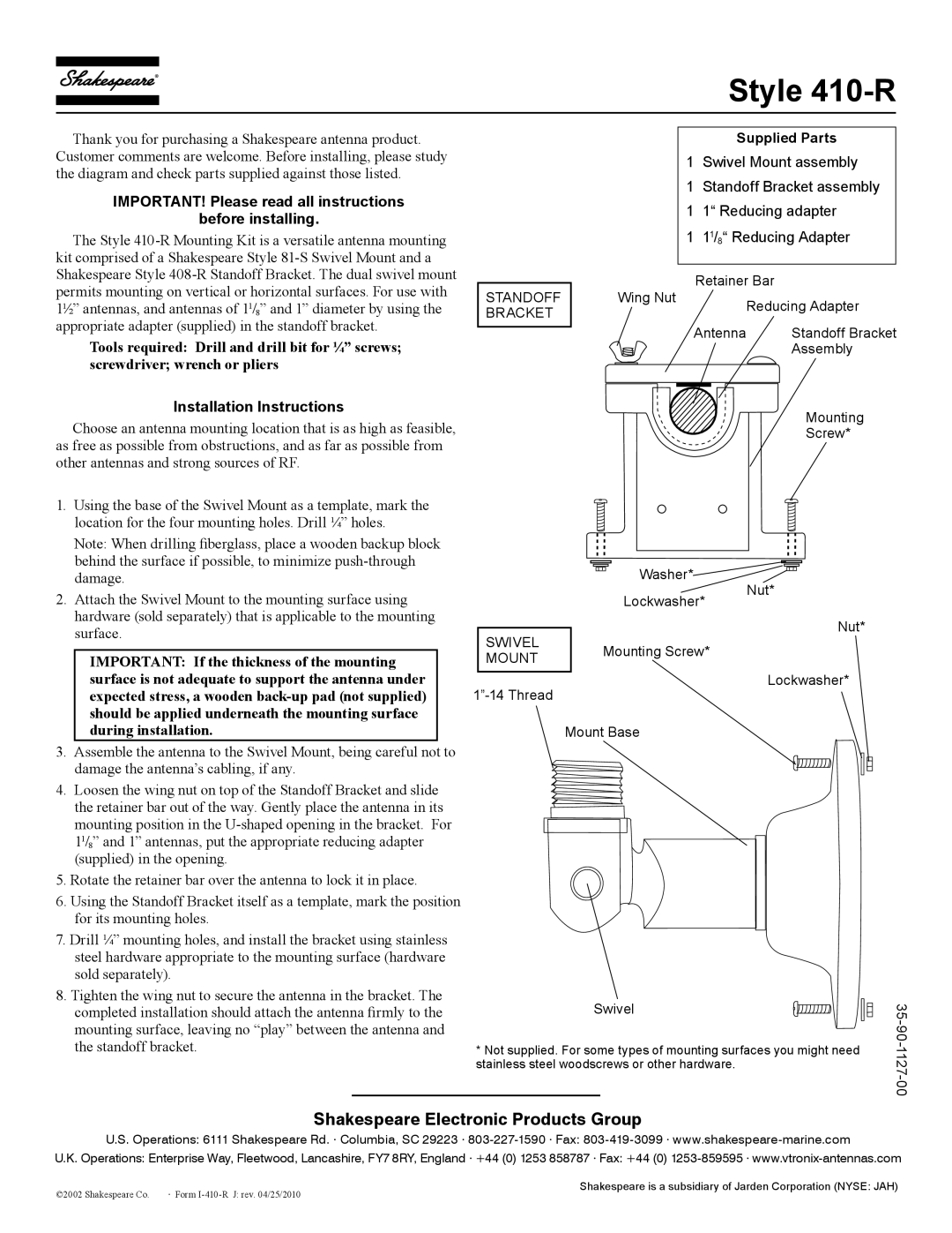 Shakespeare Electronic installation instructions Style 410-R, Shakespeare Electronic Products Group 