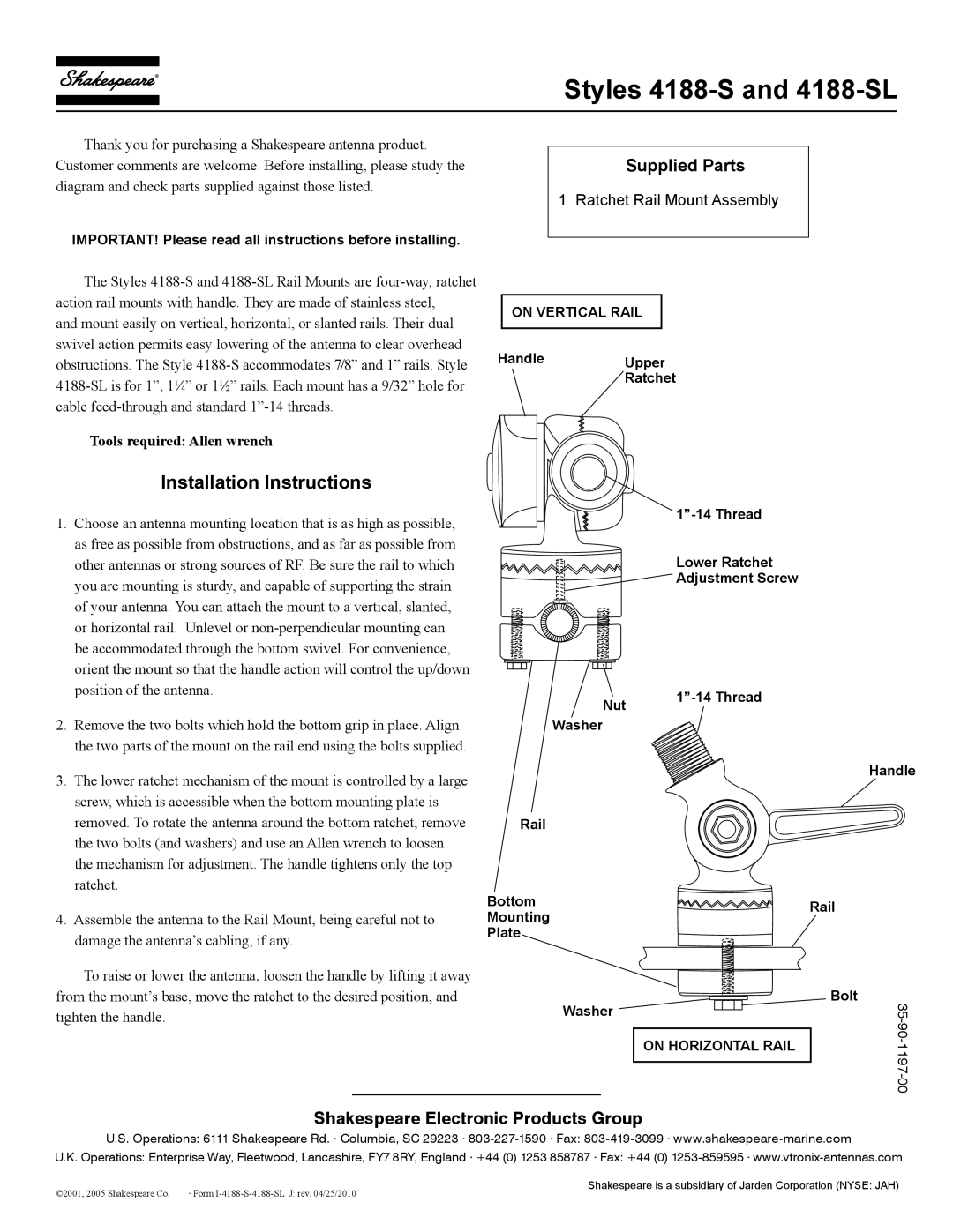 Shakespeare Electronic installation instructions Styles 4188-S and 4188-SL, Installation Instructions, Supplied Parts 