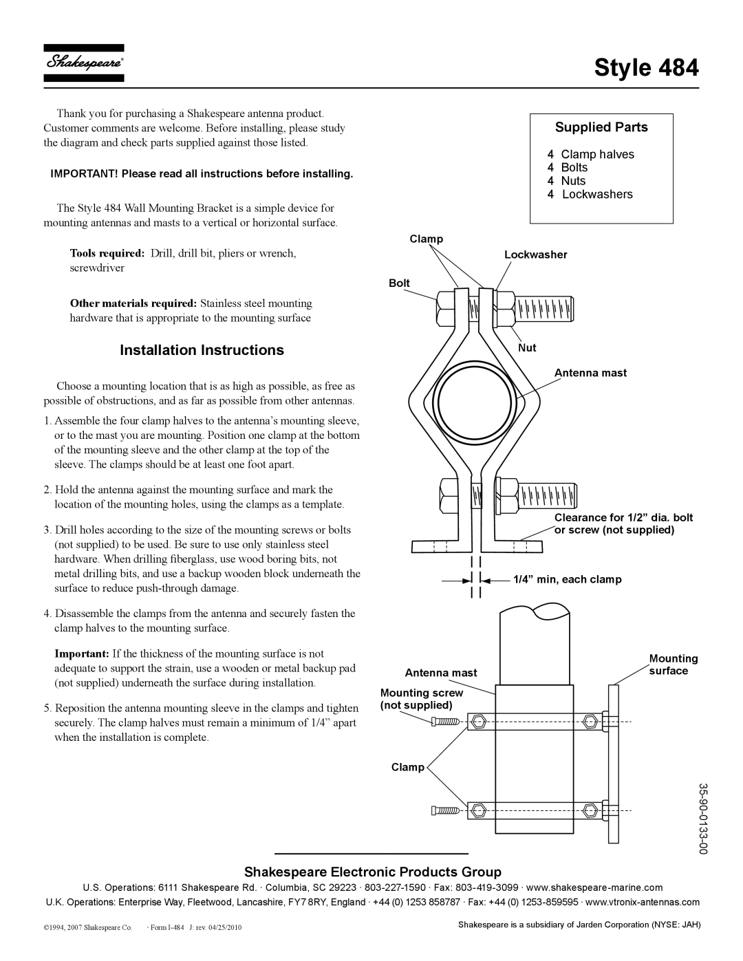 Shakespeare Electronic 484 installation instructions Style, Installation Instructions, Supplied Parts 