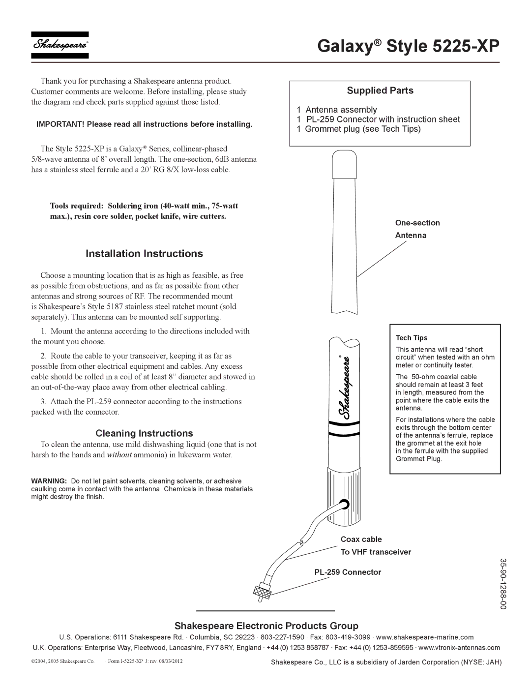 Shakespeare Electronic installation instructions Galaxy Style 5225-XP, Installation Instructions, Cleaning Instructions 