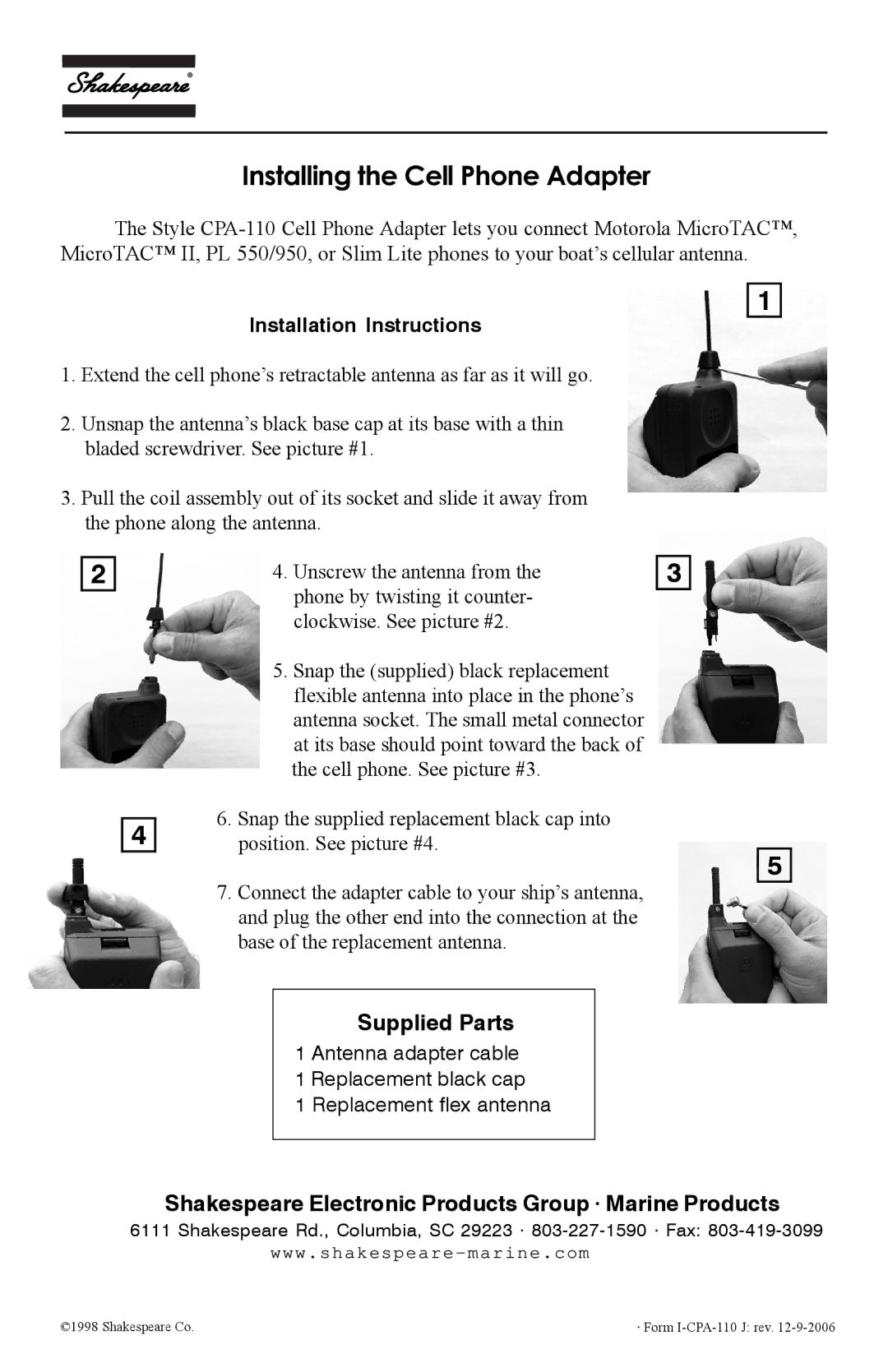 Shakespeare Electronic CPA-110 installation instructions Installing the Cell Phone Adapter, Supplied Parts 