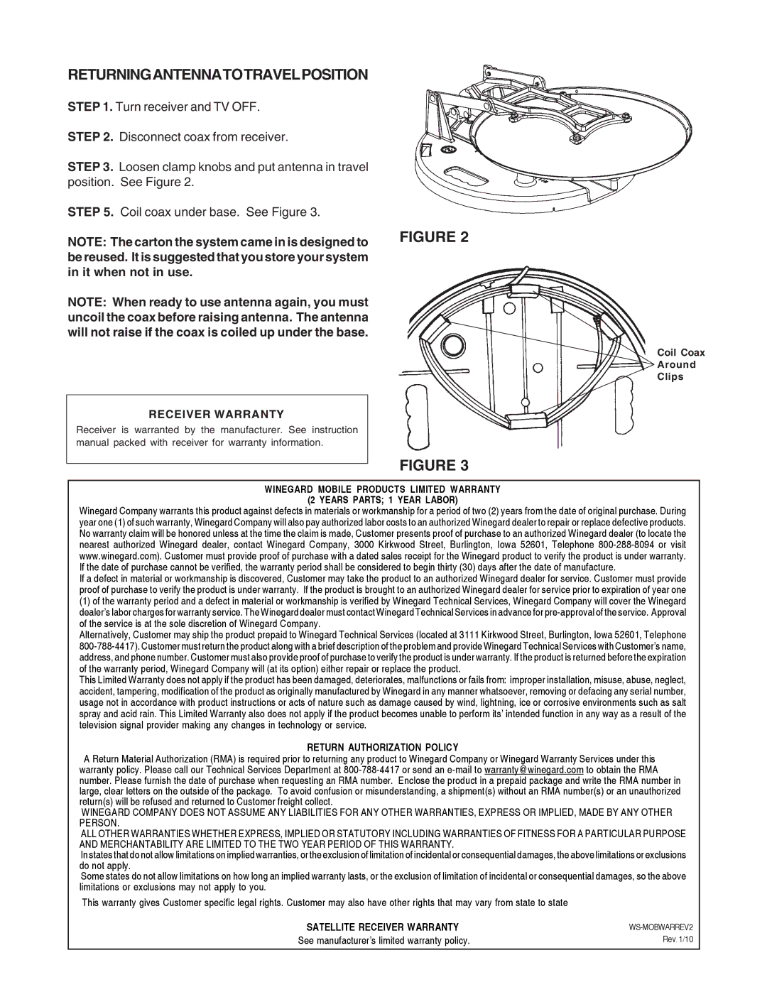 Shakespeare Electronic DS-3005 manual Returningantennatotravelposition, Receiver Warranty 