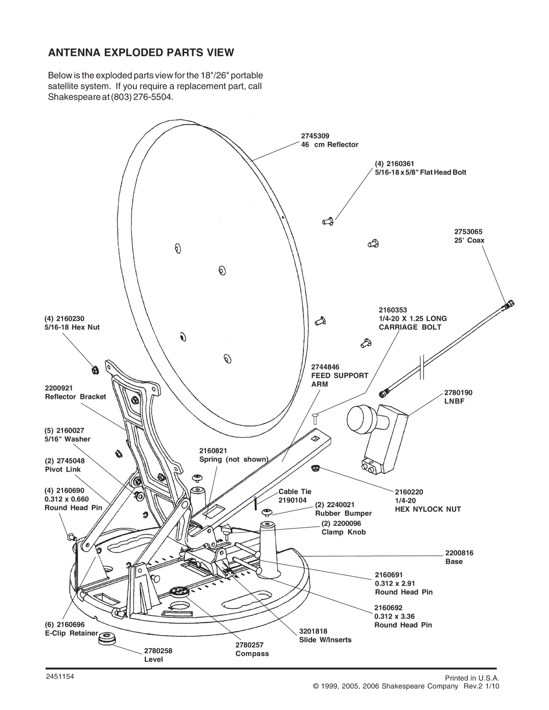 Shakespeare Electronic DS-3005 manual Antenna Exploded Parts View, Feed Support ARM 