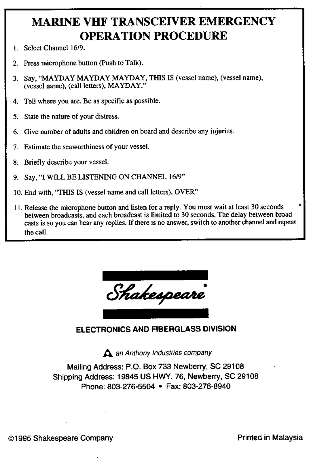 Shakespeare Electronic SE 2510 manual 