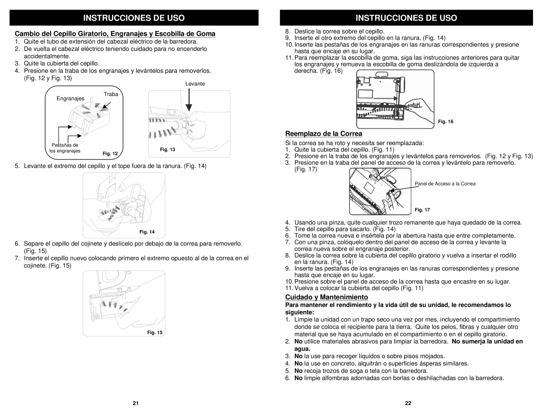 Shark APL1172 N manual Reemplazo de la Correa, Cuidado y Mantenimiento 