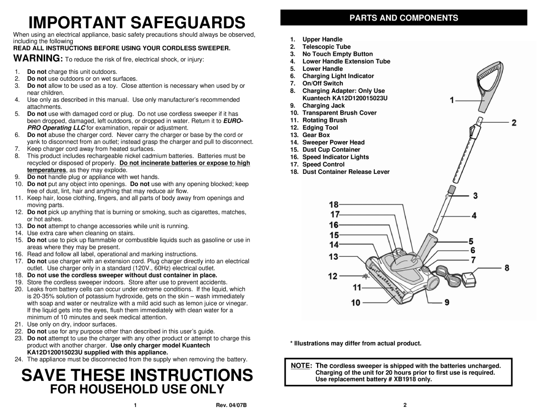 Shark APL1172 N manual Important Safeguards, Parts and Components 