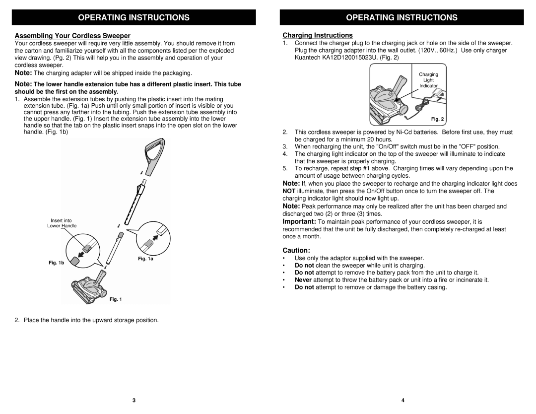 Shark APL1172 N manual Operating Instructions, Assembling Your Cordless Sweeper, Charging Instructions 