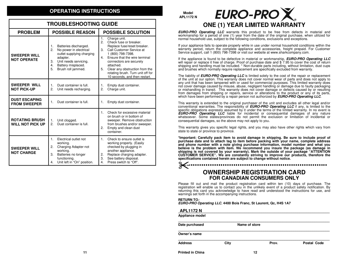 Shark APL1172 N manual Troubleshooting Guide 