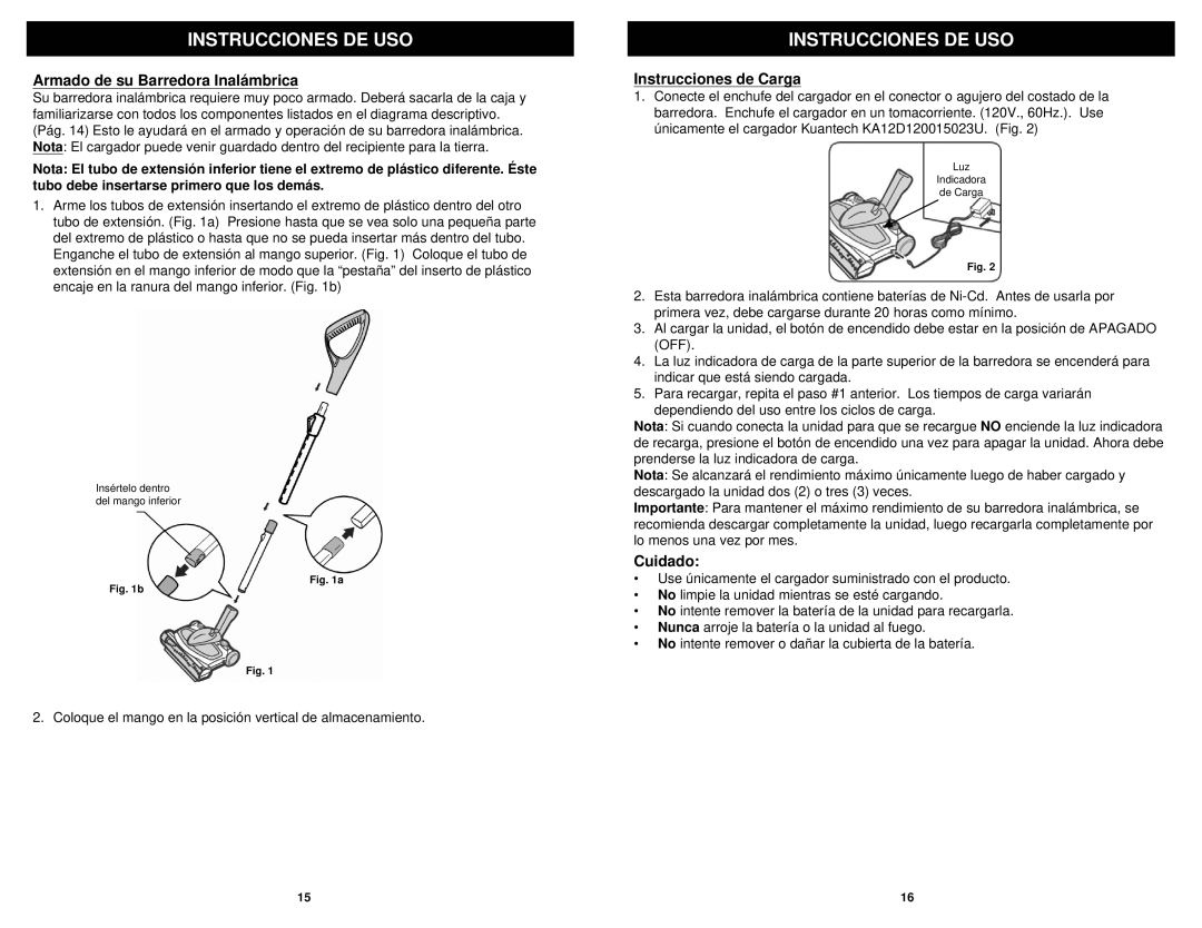 Shark APL1172 N manual Instrucciones DE USO, Armado de su Barredora Inalámbrica, Instrucciones de Carga, Cuidado 