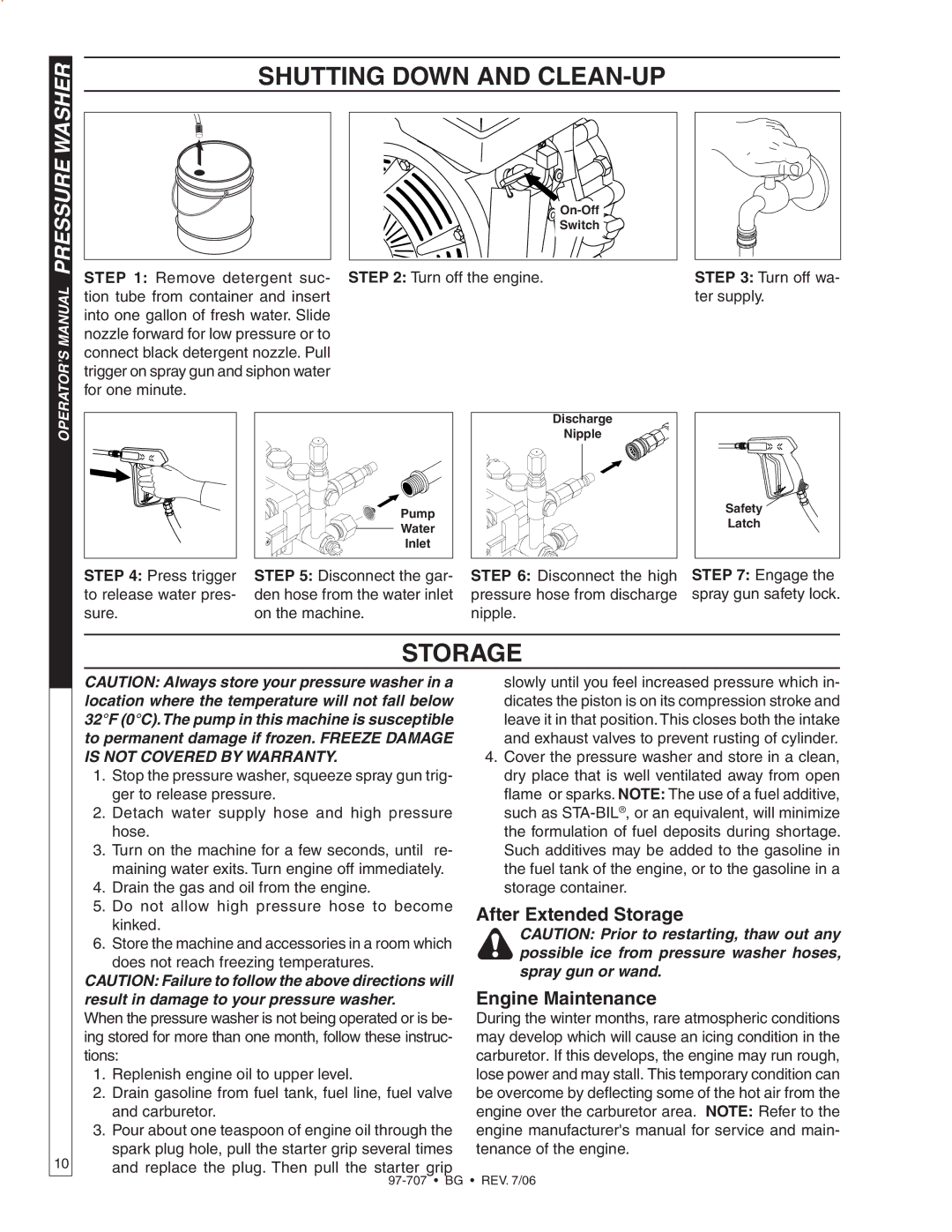 Shark BG-3040, BG-2820, BG-2527, BG-3735, BG-3030, BG-3532 owner manual Shutting down and clean-up, Storage 