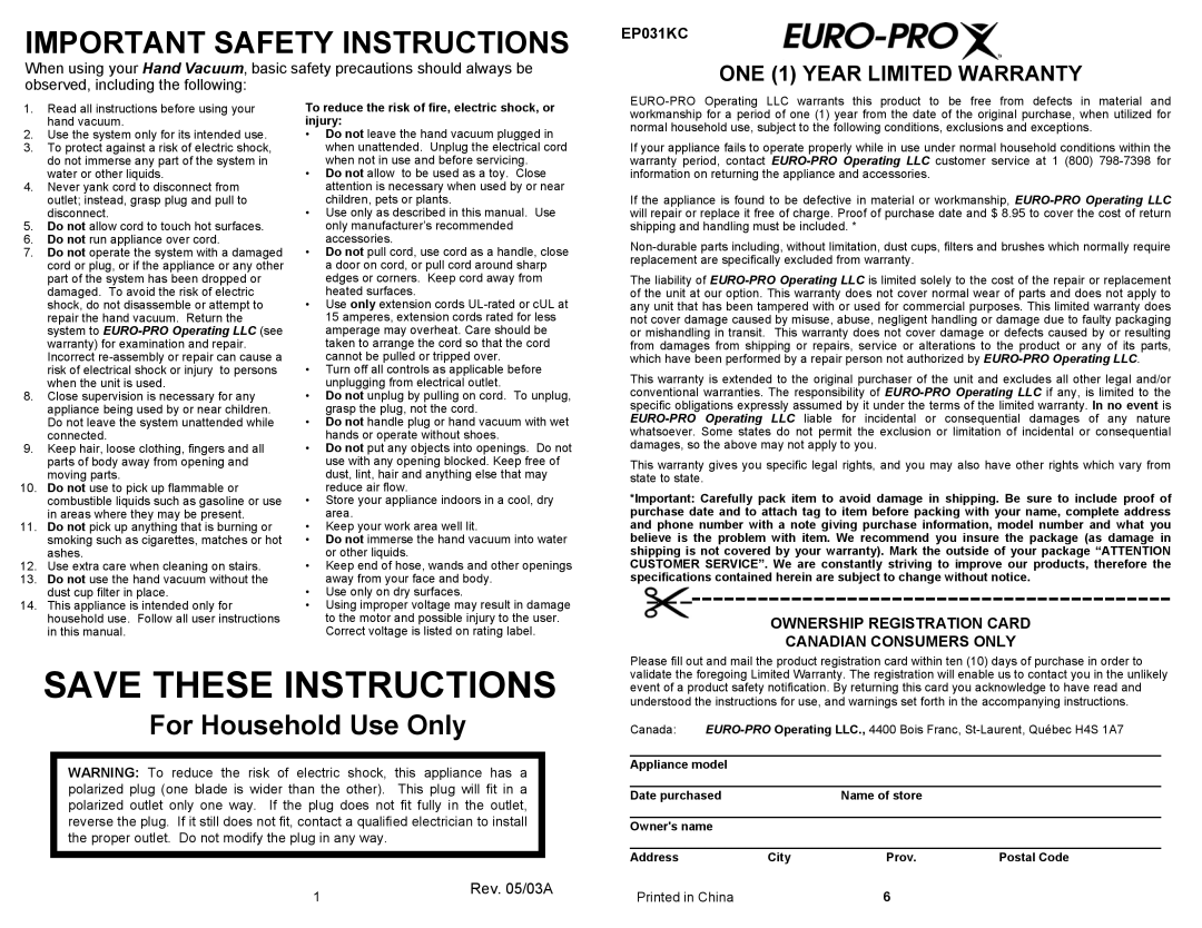 Shark EP031KC owner manual Important Safety Instructions, For Household Use Only 