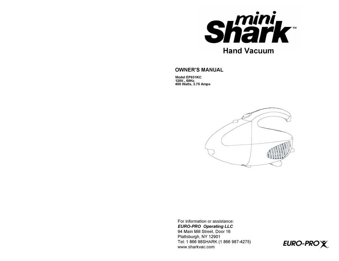 Shark EP031KC owner manual Hand Vacuum, Owner’S Manual, For information or assistance, EURO-PRO Operating LLC 