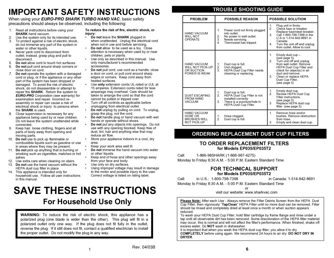 Shark EP035T2 owner manual Trouble Shooting Guide, Ordering Replacement Dust CUP Filters, Call U.S 