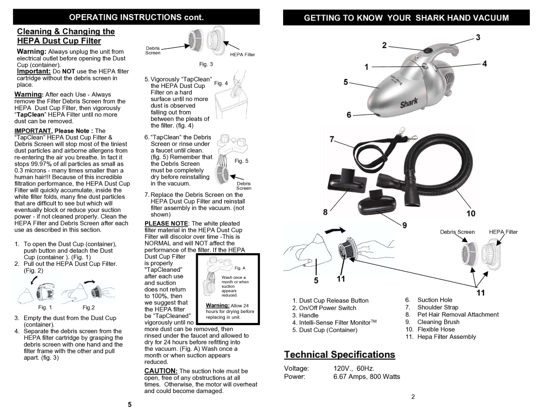 Shark EP035T2 owner manual Getting to Know Your Shark Hand Vacuum, Cleaning & Changing the Hepa Dust Cup Filter 