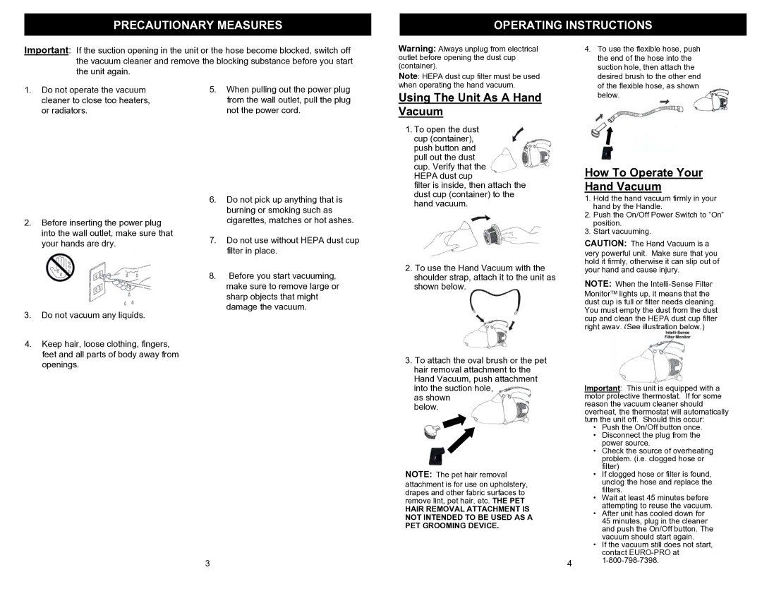 Shark EP035T2 owner manual Precautionary Measures Operating Instructions, Using The Unit As a Hand Vacuum 