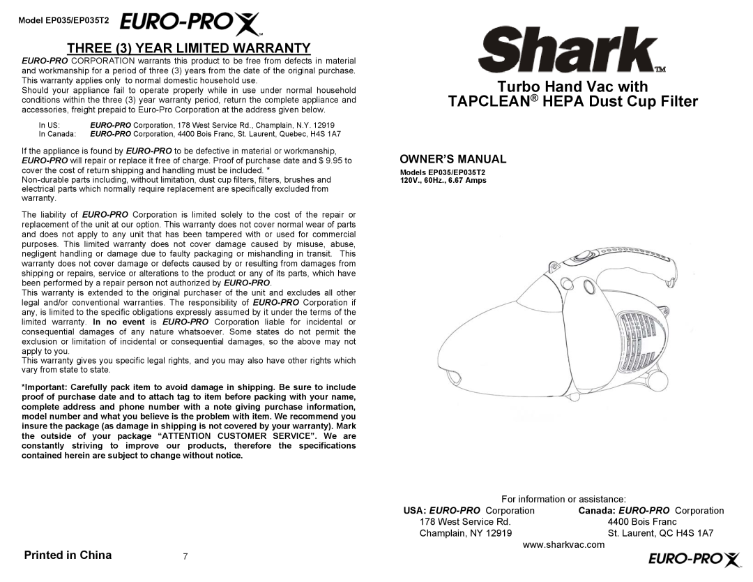 Shark EP035T2 owner manual THREE 3 YEAR LIMITED WARRANTY, Printed in China, Owner’S Manual, For information or assistance 