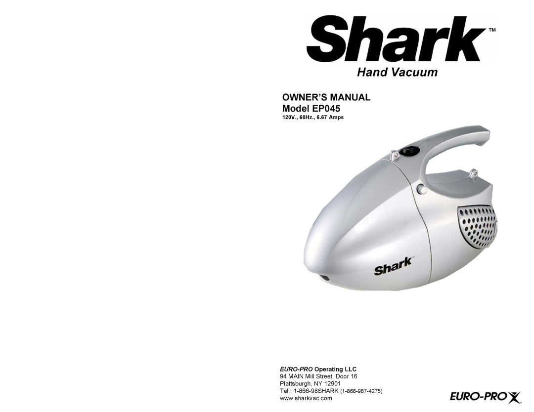 Shark owner manual Hand Vacuum, Model EP045 