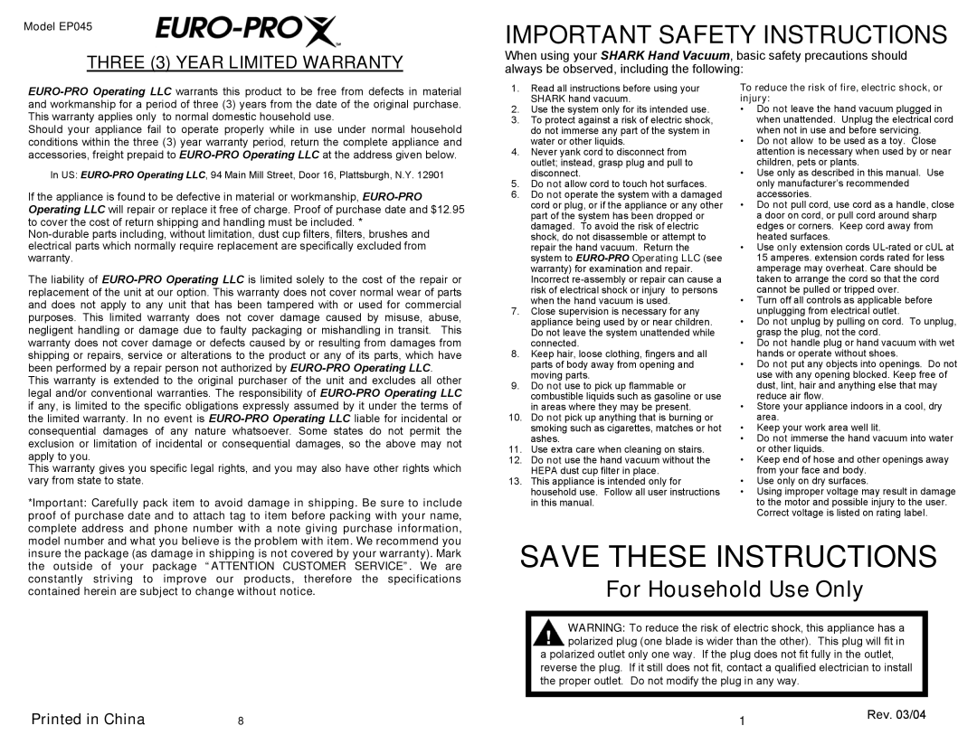 Shark EP045 owner manual Important Safety Instructions, Rev /04 