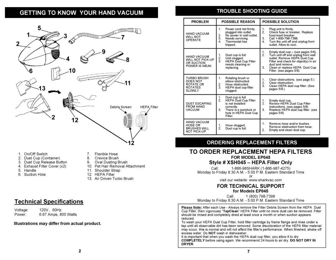 Shark owner manual Technical Specifications, Trouble Shooting Guide, Ordering Replacement Filters, For Models EP045 