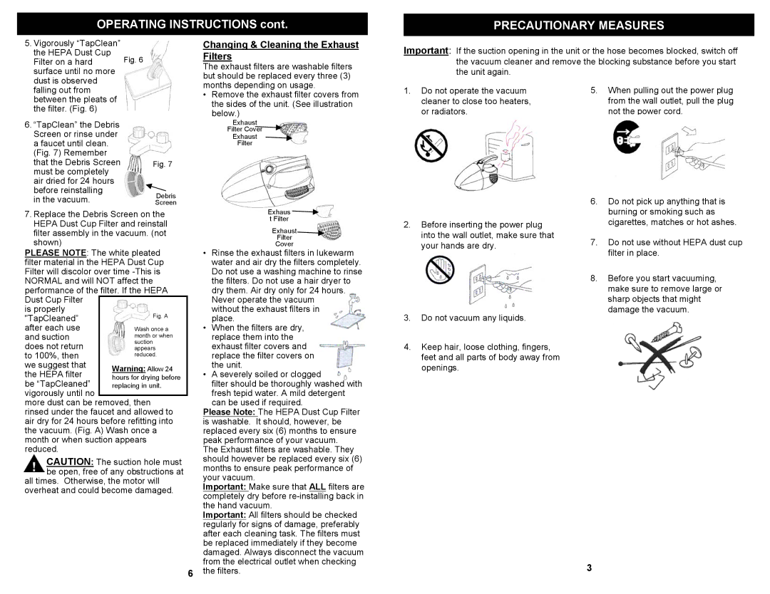 Shark EP045 owner manual Precautionary Measures, Changing & Cleaning the Exhaust Filters 