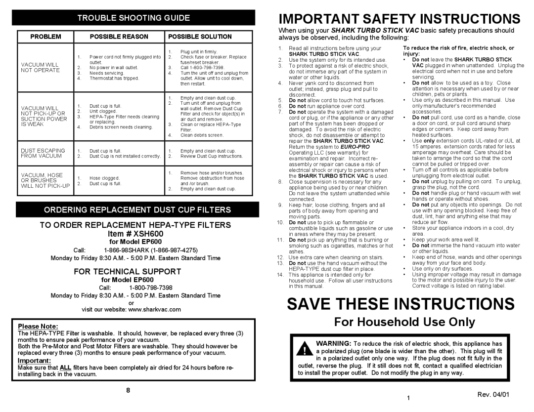 Shark owner manual Trouble Shooting Guide, Ordering Replacement Dust CUP Filters, For Model EP600, Please Note 