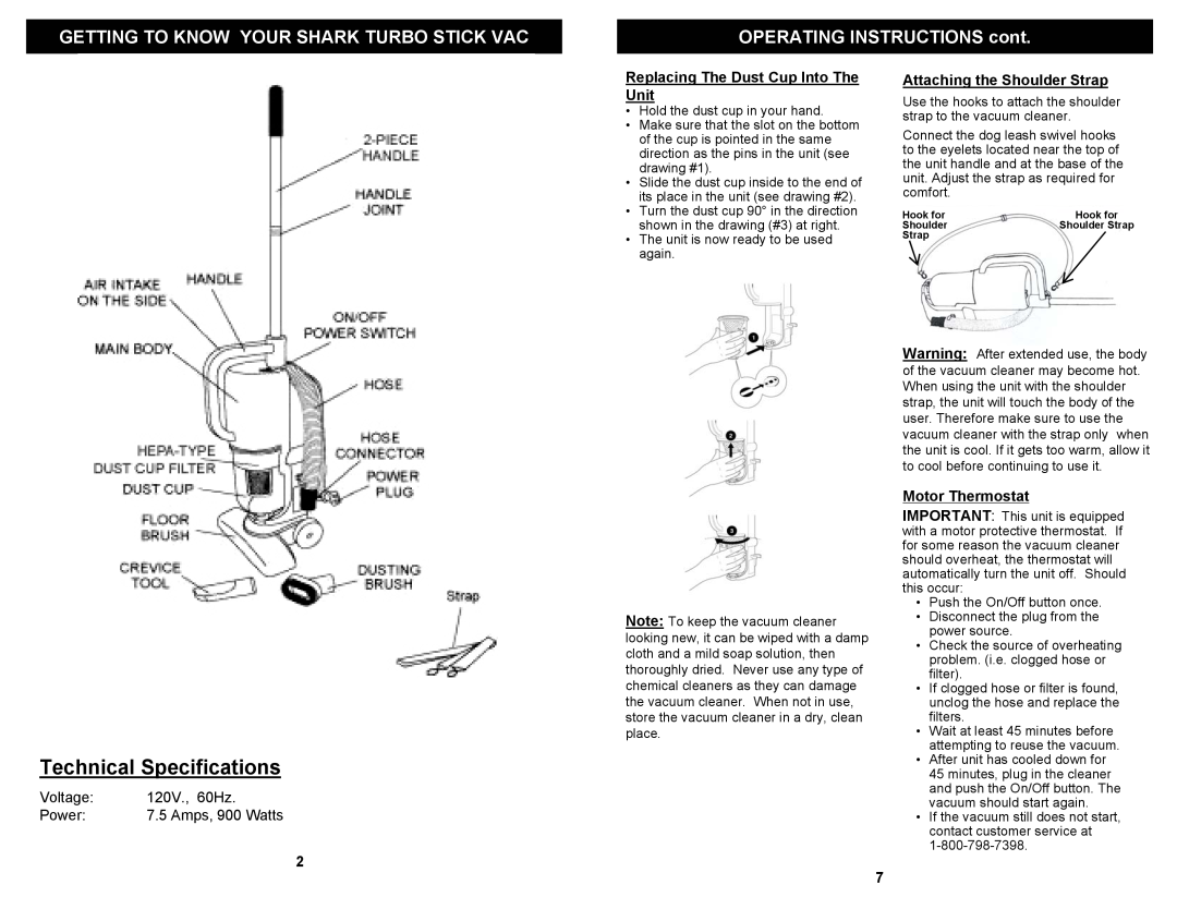 Shark EP600 owner manual Technical Specifications, Getting To Know Your Shark Turbo Stick Vac, OPERATING INSTRUCTIONS cont 