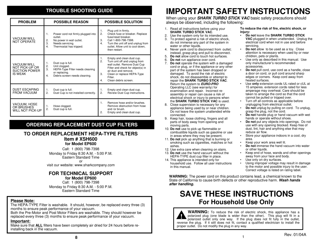 Shark EP600LN owner manual Trouble Shooting Guide, Ordering Replacement Dust CUP Filters, For Model EP600, Please Note 