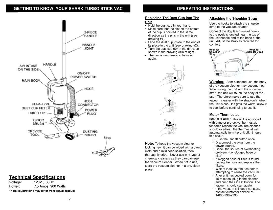 Shark EP600LN owner manual Technical Specifications, Replacing The Dust Cup Into The Unit, Attaching the Shoulder Strap 