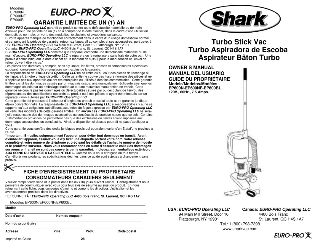 Shark owner manual Manual DEL Usuario Guide DU Propriétaire, Models/Modelos/Modèles EP600N-EP600NF-EP600BL 