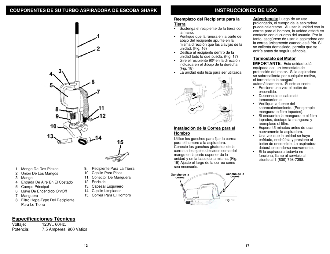 Shark EP600BL, EP600NF Instrucciones DE USO, Especificaciones Técnicas, Reemplazo del Recipiente para la Tierra 